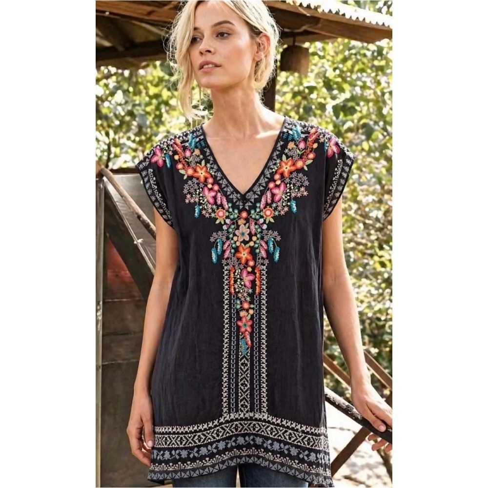 Johnny Was Embroidered Letty Tunic Top XL Gray Charcoal Floral Boho Mini Dress